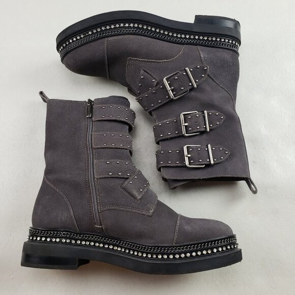 Vince Camuto Bobette Biker Boot Womens 9 Gray Suede Buckles Chunky Combat Stud - Picture 6 of 13